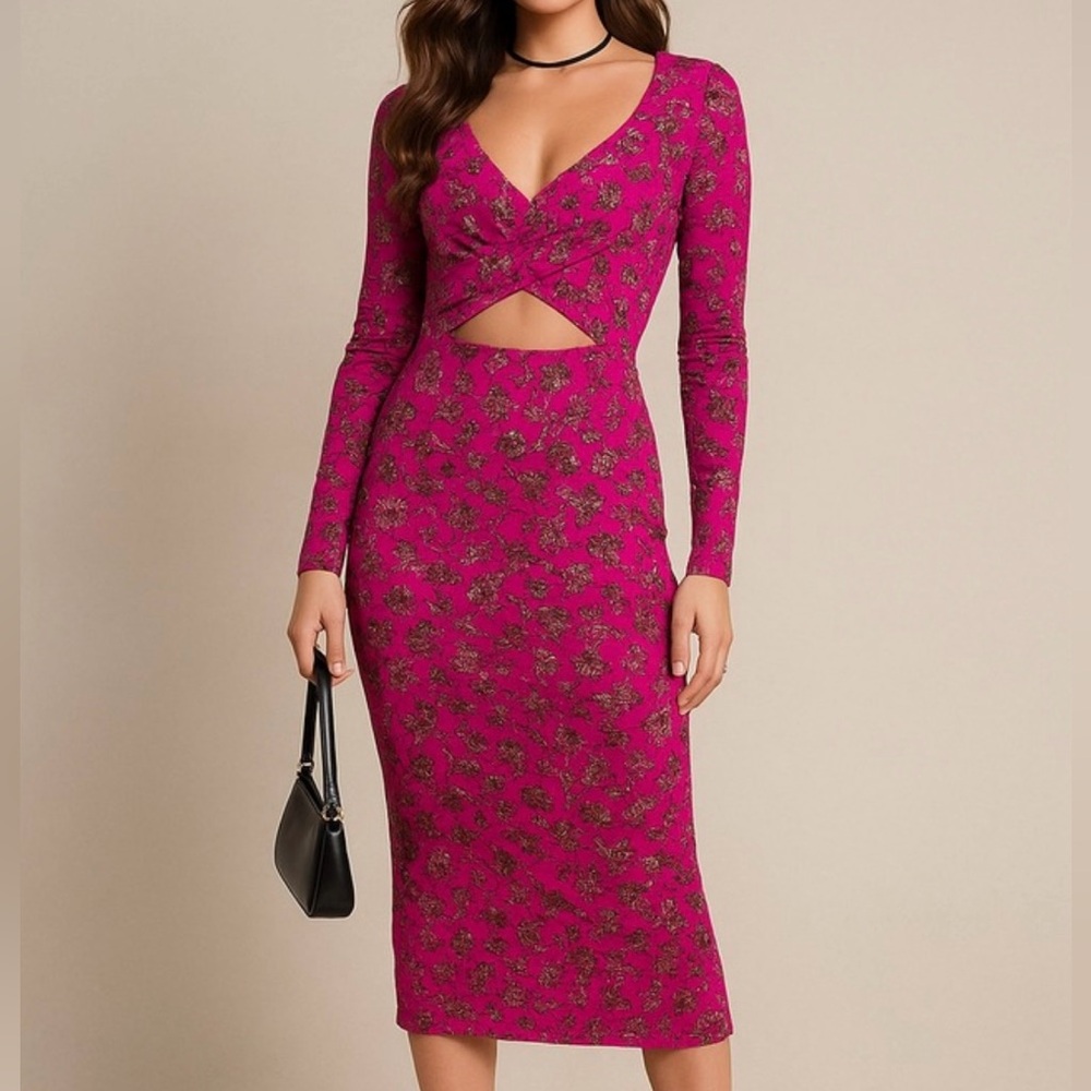 19 Cooper Fuchsia Floral Paisley Long Sleeve Cut Out Midi Dress